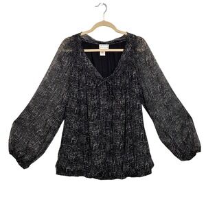 MSSP Women 3X Black White Abstract Print Shimmer Tie - Blouse Balloon Sleeve